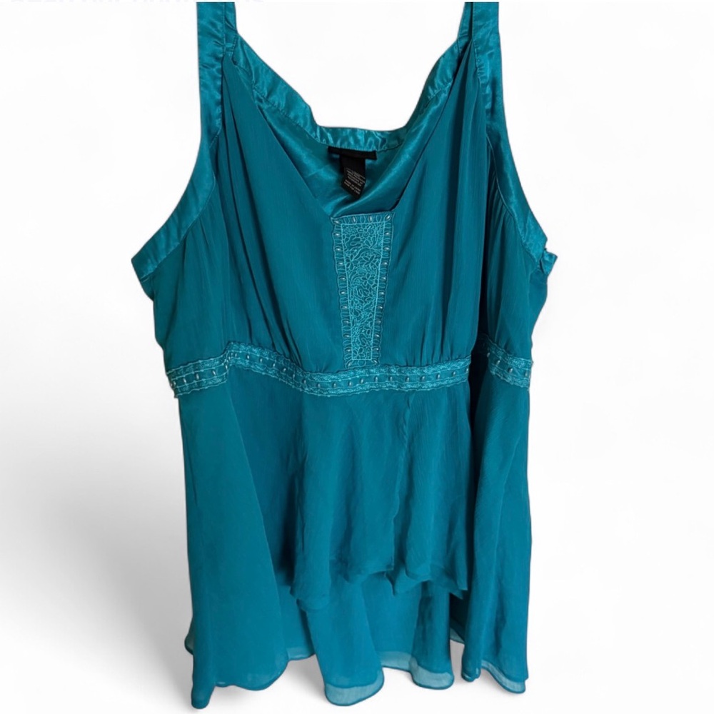 Plus Size 26 Lane Bryant Women’s Tiered Teal Boho Chic Tank Blouse Beaded Detail